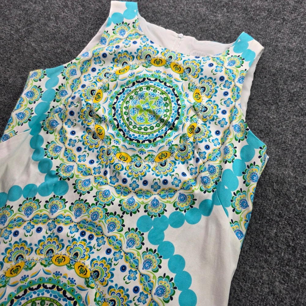 London Times Sheath Dress Blue Yellow Mandala Medallion Cotton Size 6 Womens